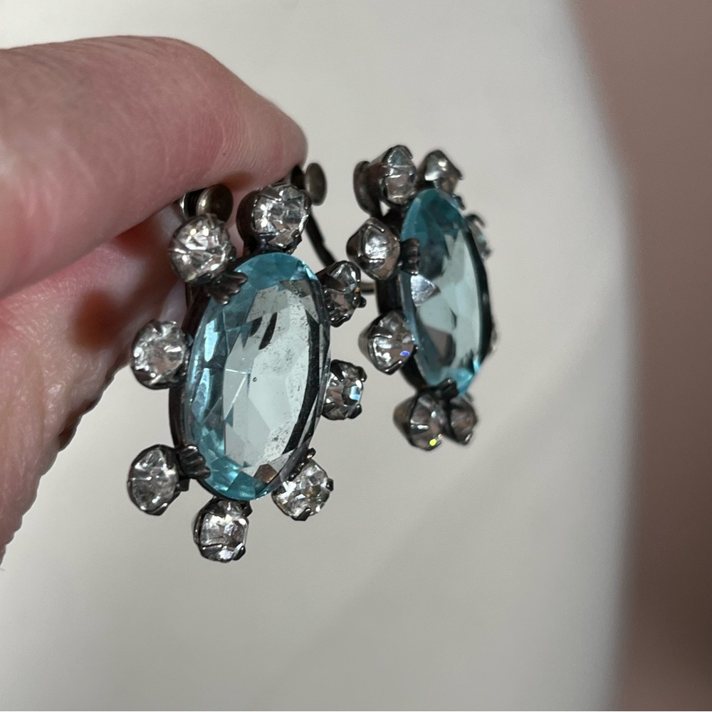 Antique Art deco Sterling Silver oversized pale blue quartz Screw back earrings - Picture 13 of 15